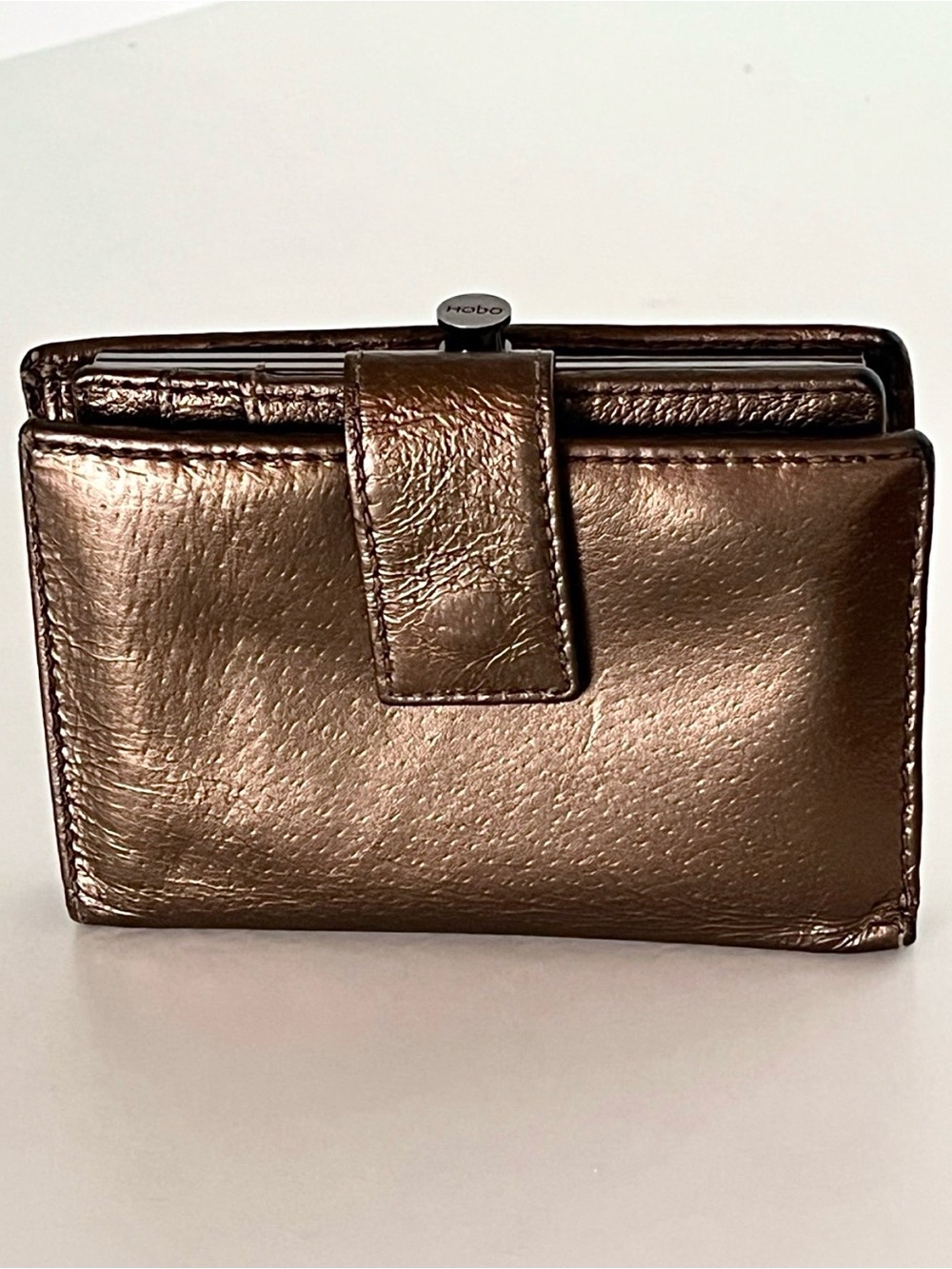 HOBO Lauren Metallic Leather Clutch Wallet Bronze Double Kiss Lock Frame